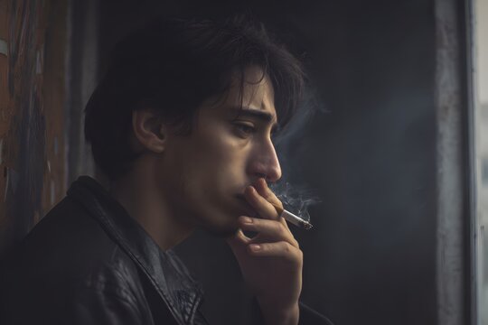 Pensive man in leather jacket smokes a cigarette in moody lighting - Powered by Adobe