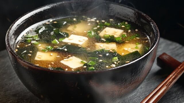 Miso soup in dish on black background with smoke