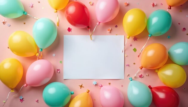 Brightly colored balloons float around blank white card. Use for party invitations, birthday greetings, announcements. Add own message to festive setup. Great for event invites, special occasions.