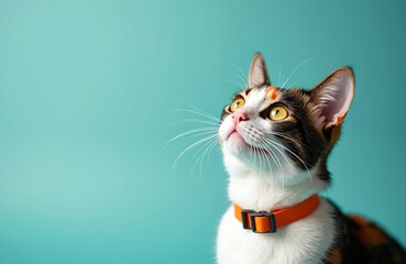 Calico cat with orange collar looks up intently against solid aqua background. Its bright yellow eyes are wide, whiskers are long, white. This image is suitable for pet care, feline articles, or ads.