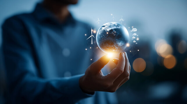 Hand holding illumination device in front of globe showing consumption faceless person defocused world background energy sources renewable icons ecology concept visualization