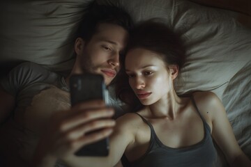 Couple lies in bed looking at a smartphone together