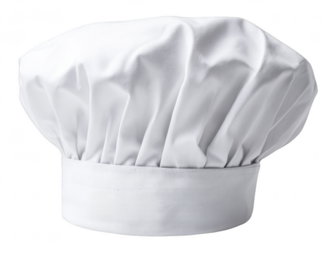 A classic white chef's hat, or toque, isolated on transparent background. The traditional design is ideal for representing professional cooking, culinary arts, or restaurant themes