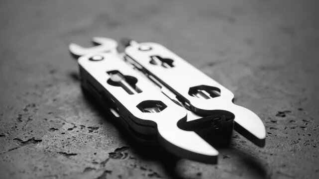 A close-up, grayscale image of a multi-tool resting on a textured, grey surface