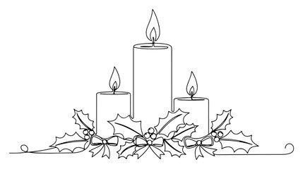 Continuous one line drawing of three Christmas candles with holly leaves and berries minimalist vector illustration of holiday advent centerpiece