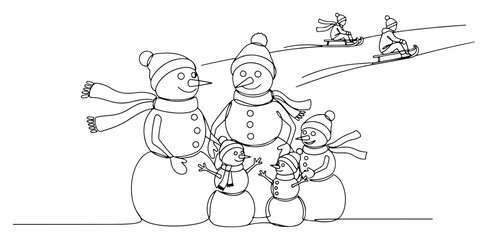 Snowman family and sledding children continuous one line drawing winter landscape vector illustration