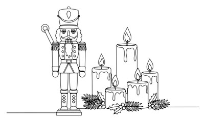 Continuous one line drawing of traditional Nutcracker soldier and burning candles with holly minimalist vector illustration for Christmas decoration