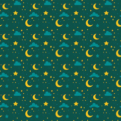 Ramadan Night Sky Seamless Pattern,  featuring crescent moons, stars, clouds, and sparkles in a luxury gold and teal palette. Perfect for Ramadan and Eid stationery, greeting cards, and gift wrap.