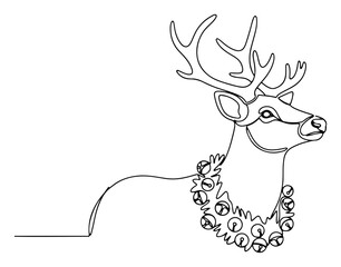 Christmas reindeer with antlers and jingle bells collar continuous line drawing black and white vector illustration for coloring page