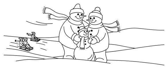 Obraz premium Happy snowman family standing in snow with children sledding in background continuous line drawing vector illustration
