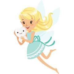Cute Blonde Fairy With Blue Wings And Dress Holding A Happy Tooth Character In A Studio With A Transparent Background