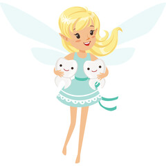Cute Blonde Fairy Character With Blue Wings Holding Two Smiling Teeth In A Light Blue Dress With Intricate Details And A Sparkle In Her Hair On A Transparent Background