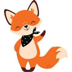 Cute Cartoon Fox Waving Paw Wearing Black Polka Dot Bandana Around Neck Against Transparent Background