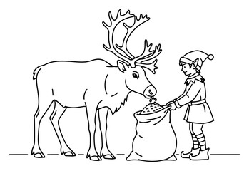 Christmas elf feeding a reindeer from a large sack of food vector illustration in black and white line art style