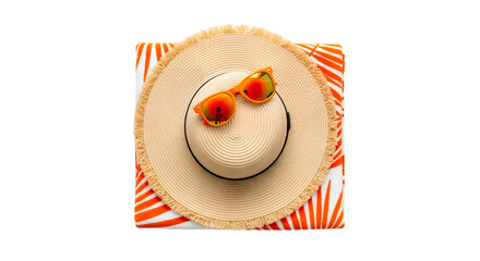 Overhead View of Straw Hat with Orange Sunglasses on Striped Beach Towel summer vacation isolated on a transparent background
