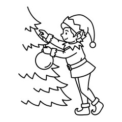 Cheerful Christmas elf decorating a fir tree with a large bauble vector illustration in black and white line art style