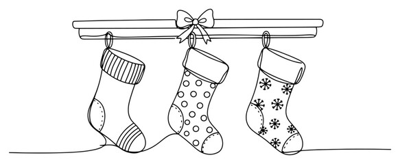 Three patterned Christmas stockings hanging on a shelf or mantelpiece vector illustration in black and white line art style