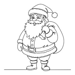 Smiling Santa Claus character standing and holding a heavy sack of gifts vector illustration in black and white line art style