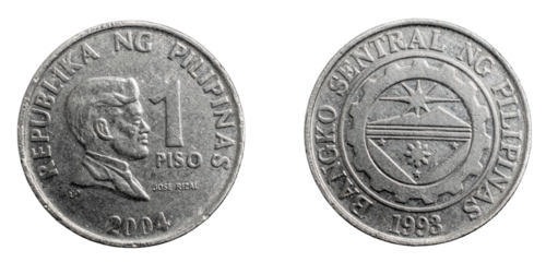 Philippines one piso coin on white isolated background