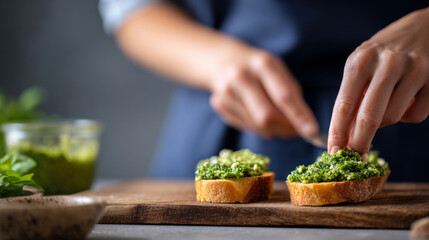 Close-up of hands spreading fresh green pesto sauce on toasted bread slices on wooden cutting board in kitchen