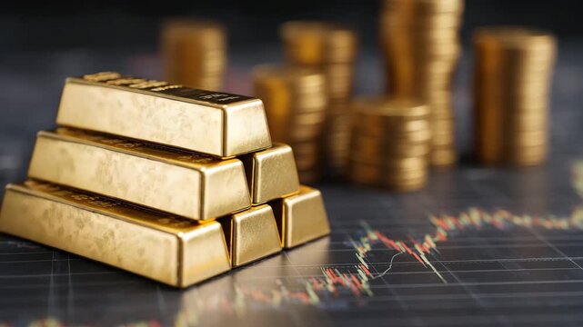 Stacked gold bullion bars with stock market graph symbolizing precious metal trading inflation protection safe haven asset and global financial investment strategy
