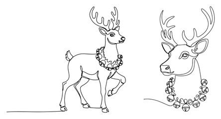 Set of two Christmas reindeer wearing collars with jingle bells vector illustration in black and white line art style