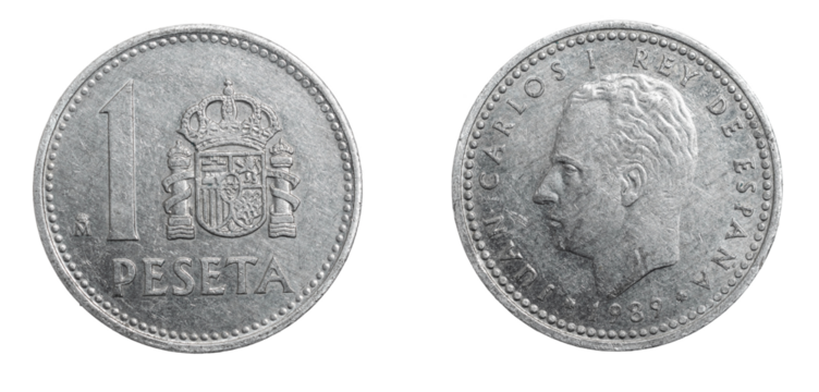 Spain one peseta coin on white isolated background