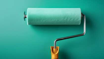Fototapeta premium Mint green paint roller applying smooth coat of fresh paint on a matching wall. Home improvement, renovation and DIY concept with clean, modern color and painting tool in close-up detail.