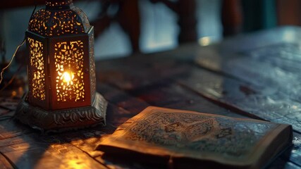 A cozy setting with a lit lantern and an open book on a wooden surface evokes a mood of quiet reflection or storytelling.