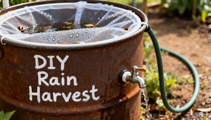 Close medium shot of a rain barrel setup with a mesh filter and spigot emphasizing DIY rainwater harvesting for outdoor use.