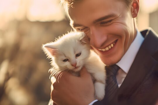 Young man in suit smiles while holding a little white kitten in his arms