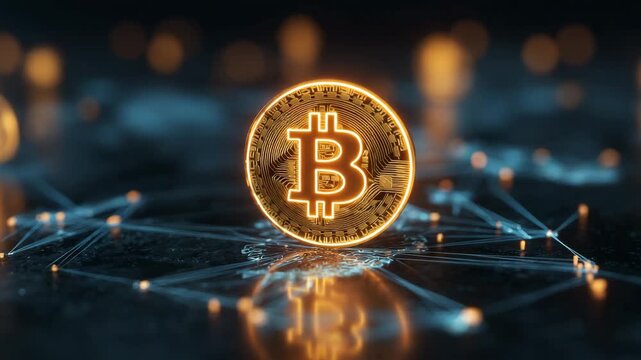 Digital Bitcoin coin standing on glowing network connections blockchain technology cryptocurrency concept futuristic financial background decentralized digital currency - Powered by Adobe