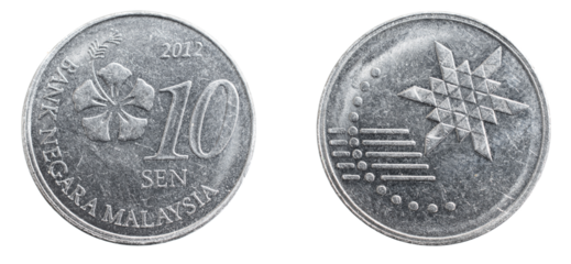 Malaysia ten sen coin on a white isolated background