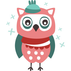 Charming Pink Owl Wearing A Teal Scarf And Hat With White Polka Dots And Light Blue Sparkles On A Transparent Background