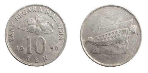 Malaysia ten sen coin on a white isolated background