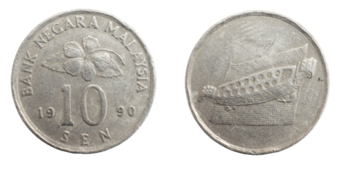 Malaysia ten sen coin on a white isolated background