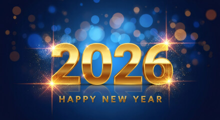 Golden 2026 text with sparkling effects on a blue background, celebrating New Years Eve, conveying joy and excitement for the upcoming year with vibrant colors and festive atmosphere