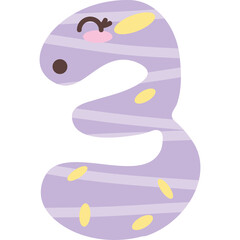 Cute Kawaii Number Three Character Illustration with Light Purple Color and Yellow Oval Shapes on Transparent Background