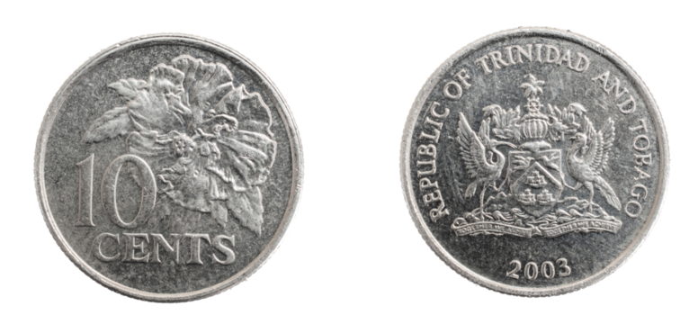 Trinidad and Tobago ten cents coin on white isolated background