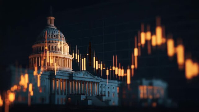 US Capitol building with financial market chart overlay showing cryptocurrency stocks gold and political influence on global markets - Powered by Adobe