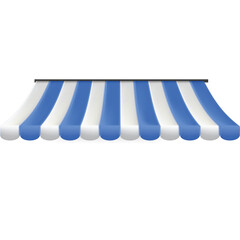 Blue and White Striped Awning With a Curved Front Edge Mounted on a Black Bar Against a Transparent Background Suitable for Storefronts and Outdoor Shade © Jihan