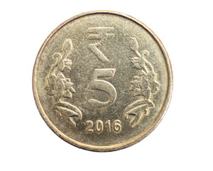 India five rupees coin on white isolated background