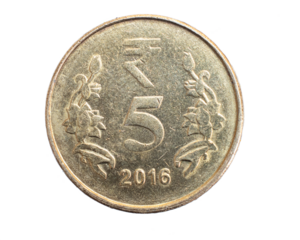 India five rupees coin on white isolated background