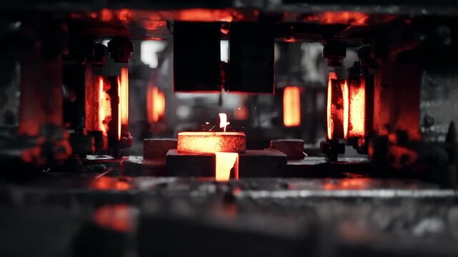 Dynamic medium shot of forging setup comparing die shapes and metal flow patterns during hightemperature pressing