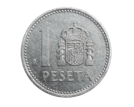 Spain one peseta coin on white isolated background