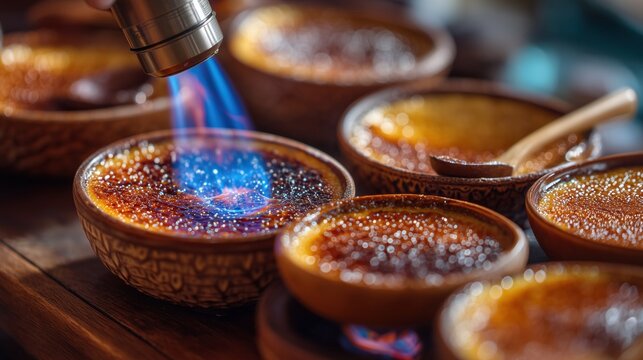 Hand torch caramelizing sugar crust on several dessert bowls — dramatic flame texture