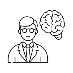 Outline illustration of a professional with glasses next to a human brain, representing intelligence and thought.