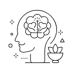 Mental wellness and emotional intelligence concept line icon, human head with heart-brain and lotus flower