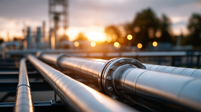 Geothermal energy pipeline infrastructure defocused industrial background thermal power system renewable heat generation sustainable electricity production with copy space