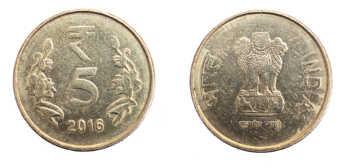 India five rupees coin on white isolated background